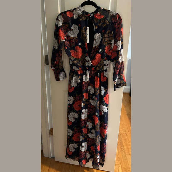 Zara Autumn Peony Floral Chiffon Midi Dress (Keyhole Neckline) - Picture 2 of 4